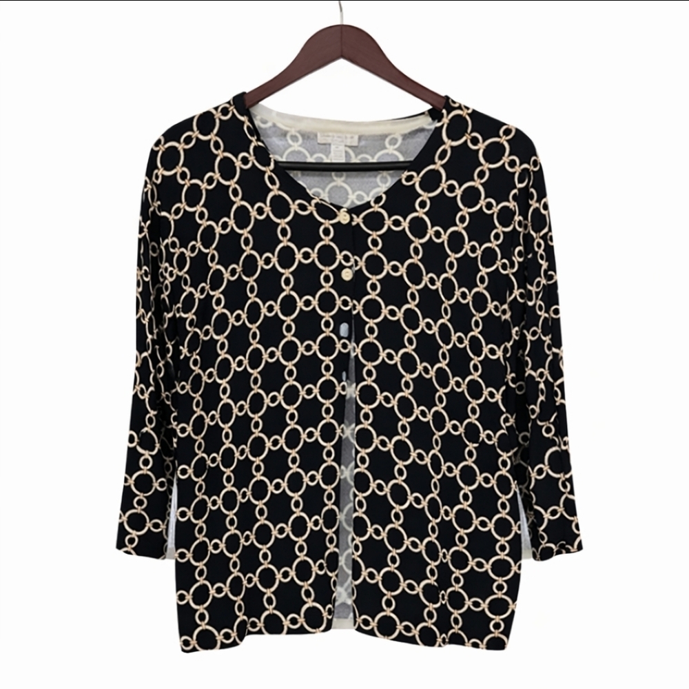 Charter Club Black And Gold Chain Link Pattern Button Up Cardigan Sz 2X